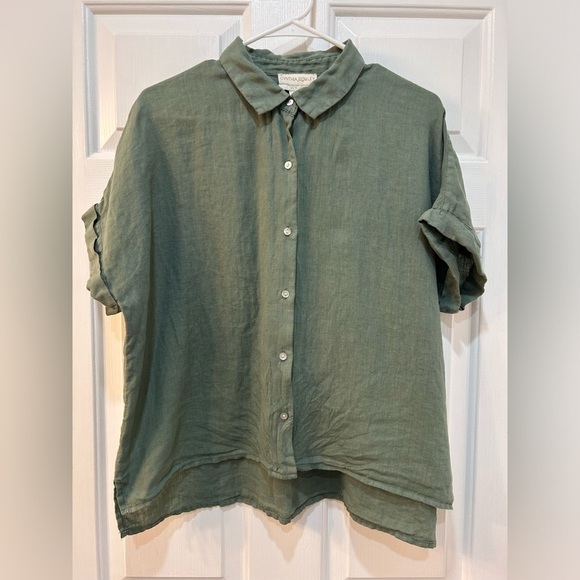 Cynthia Rowley 100% Linen Button Up Sz M Short Sleeve Boxy Bohemian Beach Nature - Picture 1 of 7